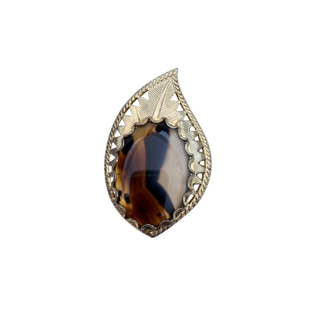 Brooch Lapel Bag Hat Pin Faux Agate Gold Tone Leaf Retro Ornate Nature Jewelry